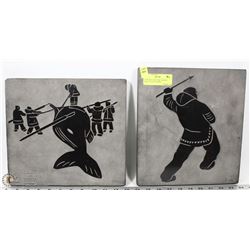 2 VINTAGE INUIT SIKU SIGNED WALL PLAQUES HAND