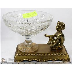 VINTAGE CRYSTAL FRUIT BOWL ON BRASS STAND WITH