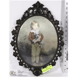 ANTIQUE PICTURE, METAL DETAILED FRAME WITH DOME