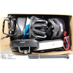 LOT OF 3 HELMETS, 2 SEATS, 2 PAIRS OF GLOVES, 2