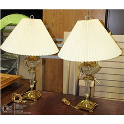 PAIR OF BRASS & CRYSTAL LAMPS WITH SHADES.