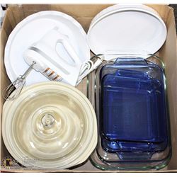 BOX W/ANCHOR & PYREX BAKING CASSEROLES,