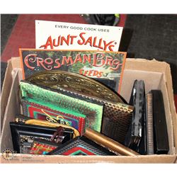 BOX OF FRAMES AND TIN PICTURES