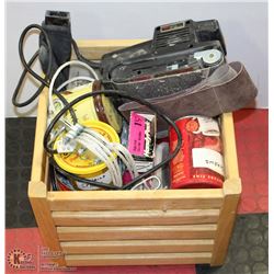 WOODEN BOX FULL W WINCH/SANDER/SCREWS/NAILS ETC