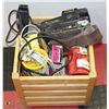 Image 1 : WOODEN BOX FULL W WINCH/SANDER/SCREWS/NAILS ETC