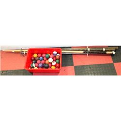 LARGE LOT OF POOL BALLS & 6 WOODEN POOL CUES