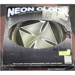15" NEON CLOCK WITH CHROME BEZEL & RED NEON RING