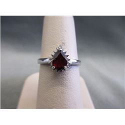 RING - PEAR FACETED GARNET & DIAMOND IN STERLING SILVER SOLITAIRE DESIGNED SETTING - RETAIL ESTIMATE