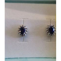 EARRINGS- BLUE SAPPHIRE & DIAMONDS IN STERLING SILVER SETTING - RETAIL ESTIMATE $350