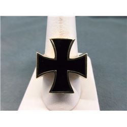RING - MAN'S SOLID BRONZE & ENAMEL IRON CROSS RING - SIGNED BY ARTIST