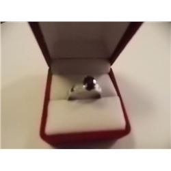 RING - OVAL FACETED 1.5CT AMETHYST & 2 DIAMOND RING IN STERLING SILVER SETTING - RETAIL ESTIMATE $35