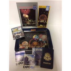 COLLECTIBLE EXPO 86 SOUVENIR LOT (PICTORIAL, PASSPORT, PINS & MORE...)