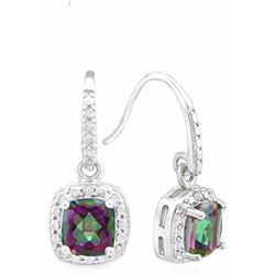 EARRINGS - 1.4 CTW EMERALD FACETED MYSTIC TOPAZ & 2 DIAMONDS IN 925 STERLING SILVER SETTING - RETAIL