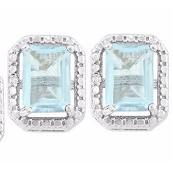EARRINGS - 2.4 CTW OCTAGON FACETED BABY SWISS BLUE TOPAZ & 2 DIAMONDS IN 925 STERLING SILVER SETTING