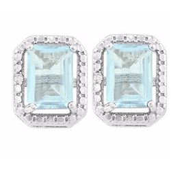 EARRINGS - 2.4 CTW OCTAGON FACETED BABY SWISS BLUE TOPAZ & 2 DIAMONDS IN 925 STERLING SILVER SETTING