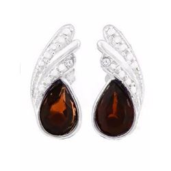 EARRINGS - .8 CTW PEAR FACETED PERSIAN RED GARNETS & 2 GENUINE WHITE DIAMONDS IN 925 STERLING SILVER