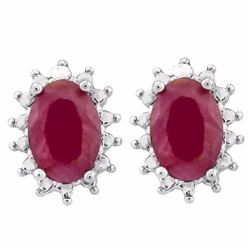 EARRINGS - 1 1/5 CTW OVAL FACETED GENUINE RUBYS & 2 DIAMONDS IN 925 STERLING SILVER SETTING - RETAIL
