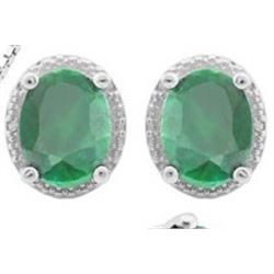 EARRINGS - 4 2/3 CTW OVAL FACETED EMERALD & 2 GENUINE DIAMONDS IN PLATINUM OVER 0.925 STERLING SILVE
