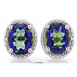 EARRINGS - 3.7 CTW OVAL FACETED OCEAN MYSTIC GEMSTONE &  DIAMOND IN 925 STERLING SILVER SETTING - IN