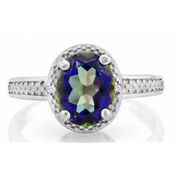 RING - 1.85 CT OVAL FACETED OCEAN MYSTIC GEMSTONE & DIAMOND IN 925 STERLING SILVER SETTING - INCUDES