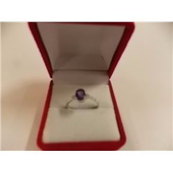 RING - OVAL FACETED AMETHYST & 2 DIAMONDS IN STERLING SILVER SOLITAIRE DESIGNED SETTING - RETAIL EST