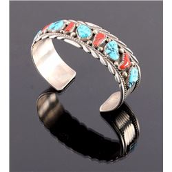 Navajo Sterling Silver Turquoise Coral Cuff