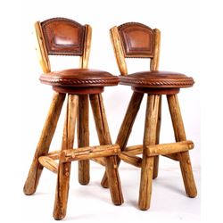 Montana Made Log and Tooled Leather Pub Chairs