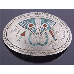 Navajo Inlaid Chip Turquoise & Coral Belt Buckle