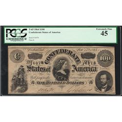 1864 $100 Confederate States of America Note T-65 PCGS Extremely Fine 45