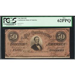 1864 $50 Confederate States of America Note T-66 PCGS New 62PPQ