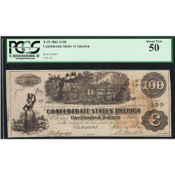 1862 $100 Confederate States of America Note T-39 PCGS About New 50