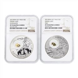 Set of (2) 2013MW Gilt Niue $2 Good Luck Silver Coins NGC PF70 Ultra Cameo