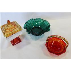 THREE ART GLASS CANDY DISHES