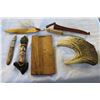 Image 2 : LOT OF HAND MADE KNIVES MOOSE HORN PIECE AND CARVED WOOD