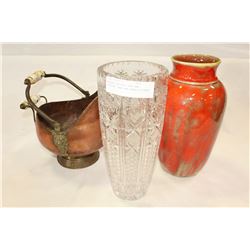 KELLCO POTTERY VASE AND CRYSTAL VASE AND BRASS PITCHER