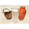 Image 1 : KELLCO POTTERY VASE AND CRYSTAL VASE AND BRASS PITCHER