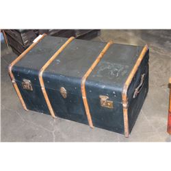 WOOD BOUND LEATHER STORAGE TRUNK