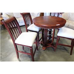 CHERRY FINISH 5 PIECE BAR HEIGHT DINING SET, ROUND TABLE AND UPHOLSTERED SEATS