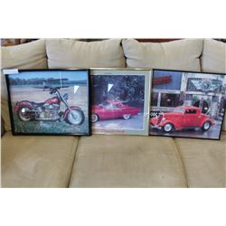 THREE MOTORCYCLE AND CAR FRAMED PICTURES
