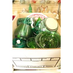 BOX OF GREEN GLASS VASES JARS AND GLASSES