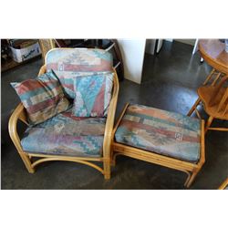 WICKER LOUNGE CHAIR AND OTTOMAN AND CUSHION
