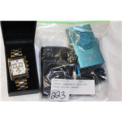 TONINE LAMBORGHINI WATCH AND THREE DIGITAL CAMERAS
