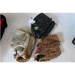 THREE RIGHT HANDED BASEBALL GLOVES