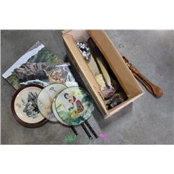 BOX OF EASTERN ITEMS CANVAS PAINTINGS ETC