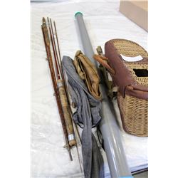 TWO VINTAGE FISHING RODS WITH CLOTH CASES AND FISHING CREWEL