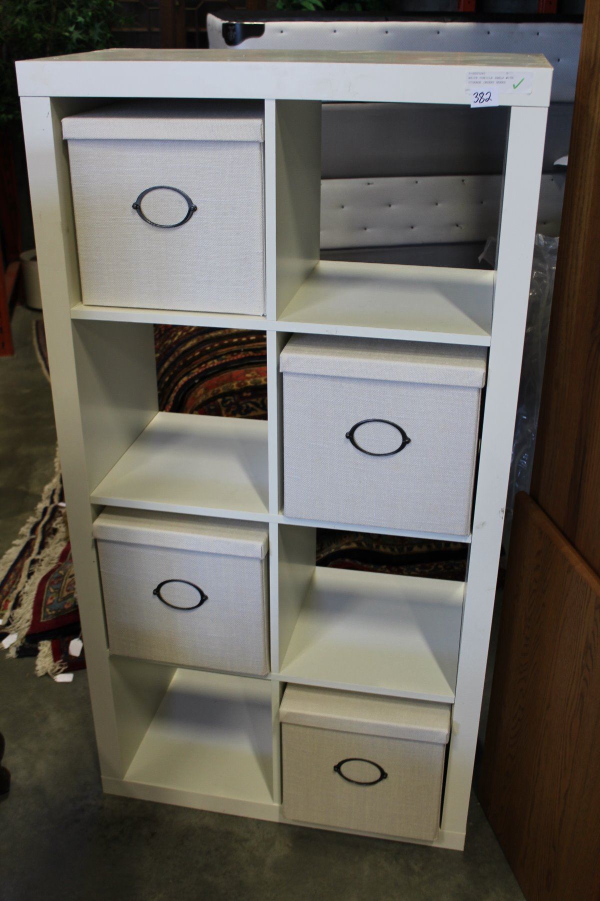 WHITE CUBICLE SHELF WITH STORAGE INSERT BOXES