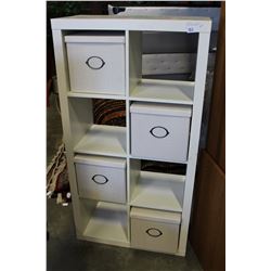 WHITE CUBICLE SHELF WITH STORAGE INSERT BOXES
