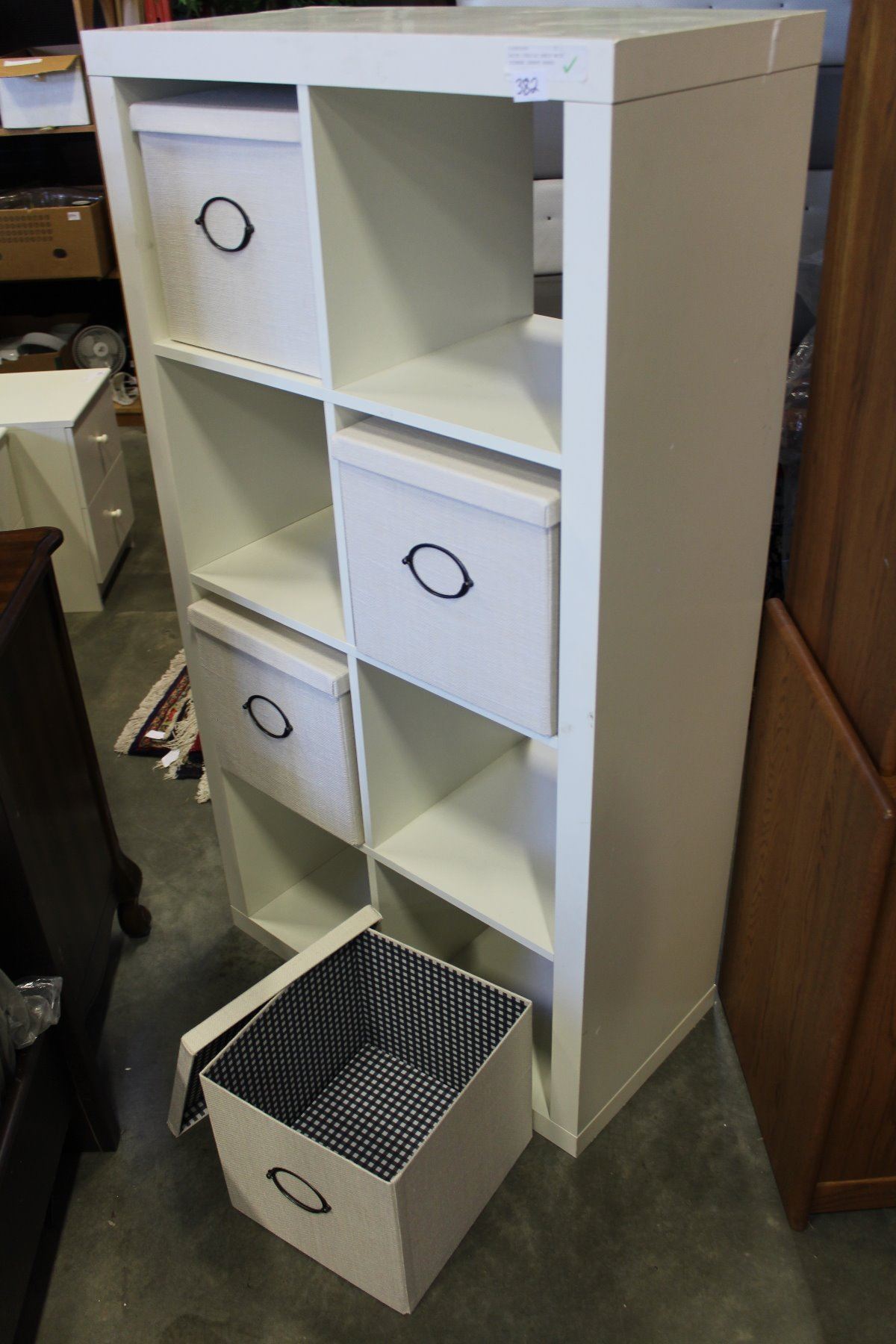 WHITE CUBICLE SHELF WITH STORAGE INSERT BOXES