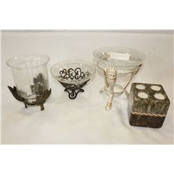 THREE DESIGNER GLASS AND METAL CENTER BOWLS AND TEALIGHT CANDLE HOLDER