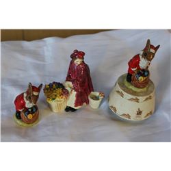 TWO ROYAL DOULTON BUNNYKINS RABBITS ONE IS MUSICAL AND ROYAL DOULTON BONIE LASSIE FIGURE